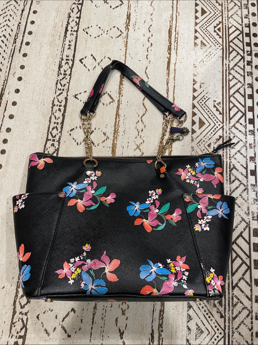 a new day Black Floral Tote with Gold Chain Straps